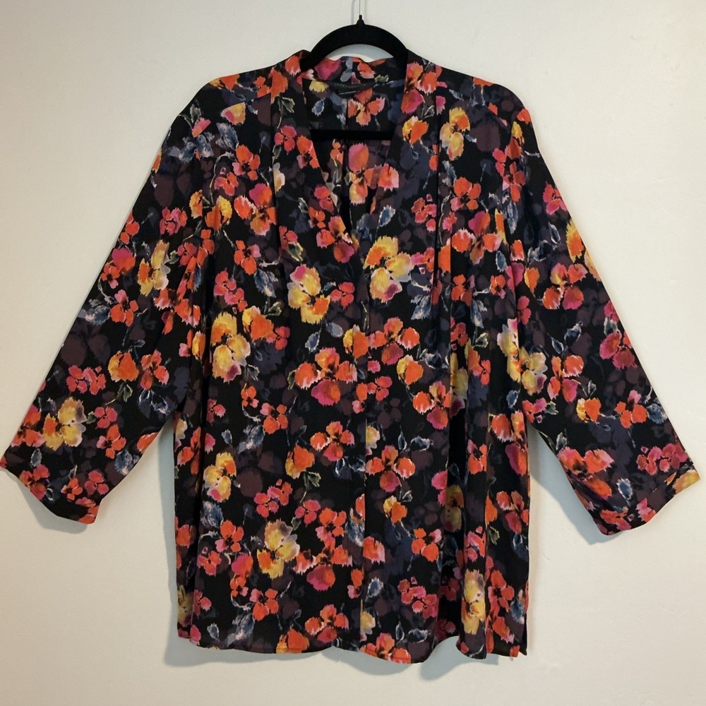 Investments Black Multi Floral Button Front 3/4 Sleeve Blouse 2XL